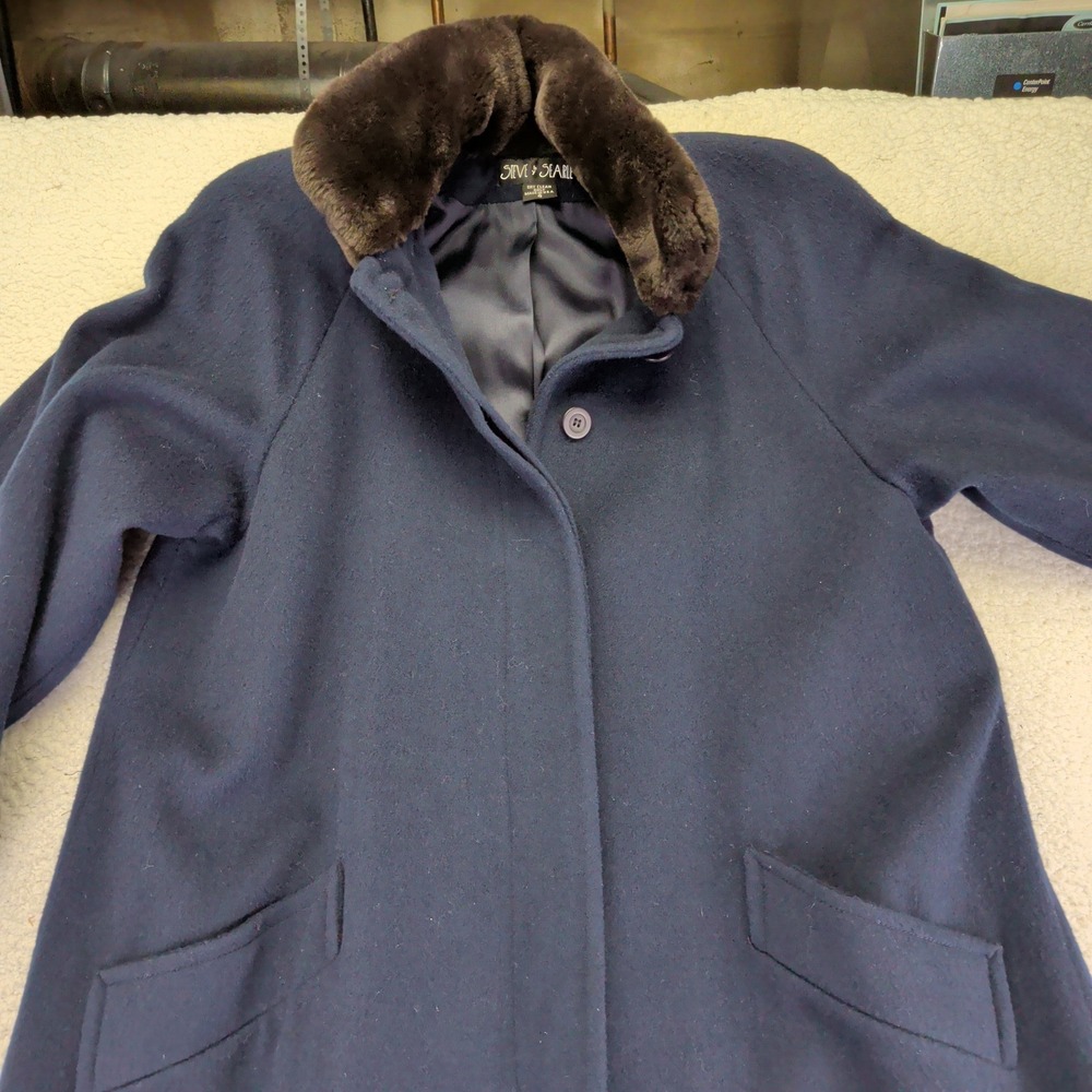 Steve Searle Women's Navy Blue Wool Blend Faux Fur Collar Long Coat Size 4 Small - Picture 3 of 8